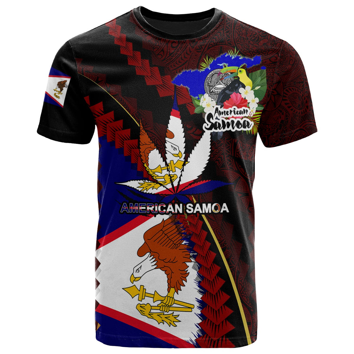 American Samoa T-Shirt mit farbigem Wappen, Hanfblatt und Flaggen-Design