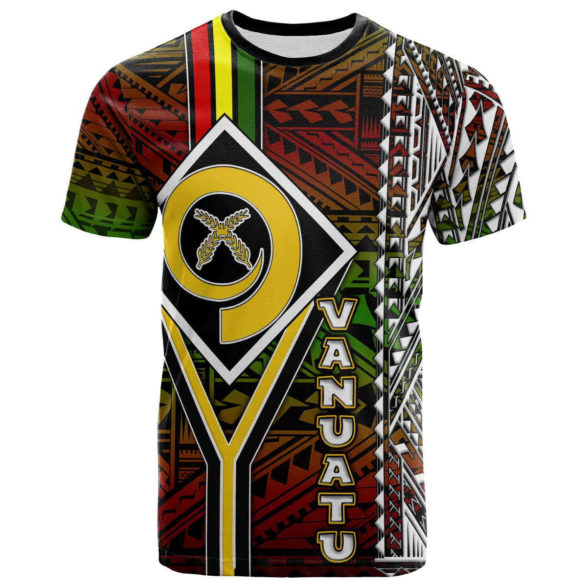 Vanuatu graphic T-shirt with diamond emblem, Polynesian patterns and VANUATU text