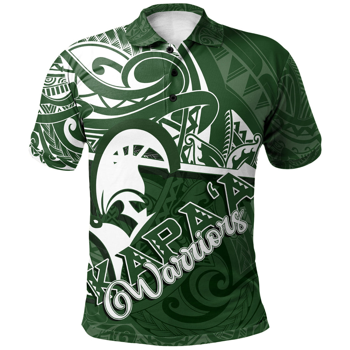 Green polo shirt with button-front collar and Polynesian tribal print in white and green