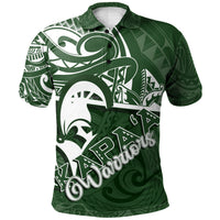 Green polo shirt with button-front collar and Polynesian tribal print in white and green