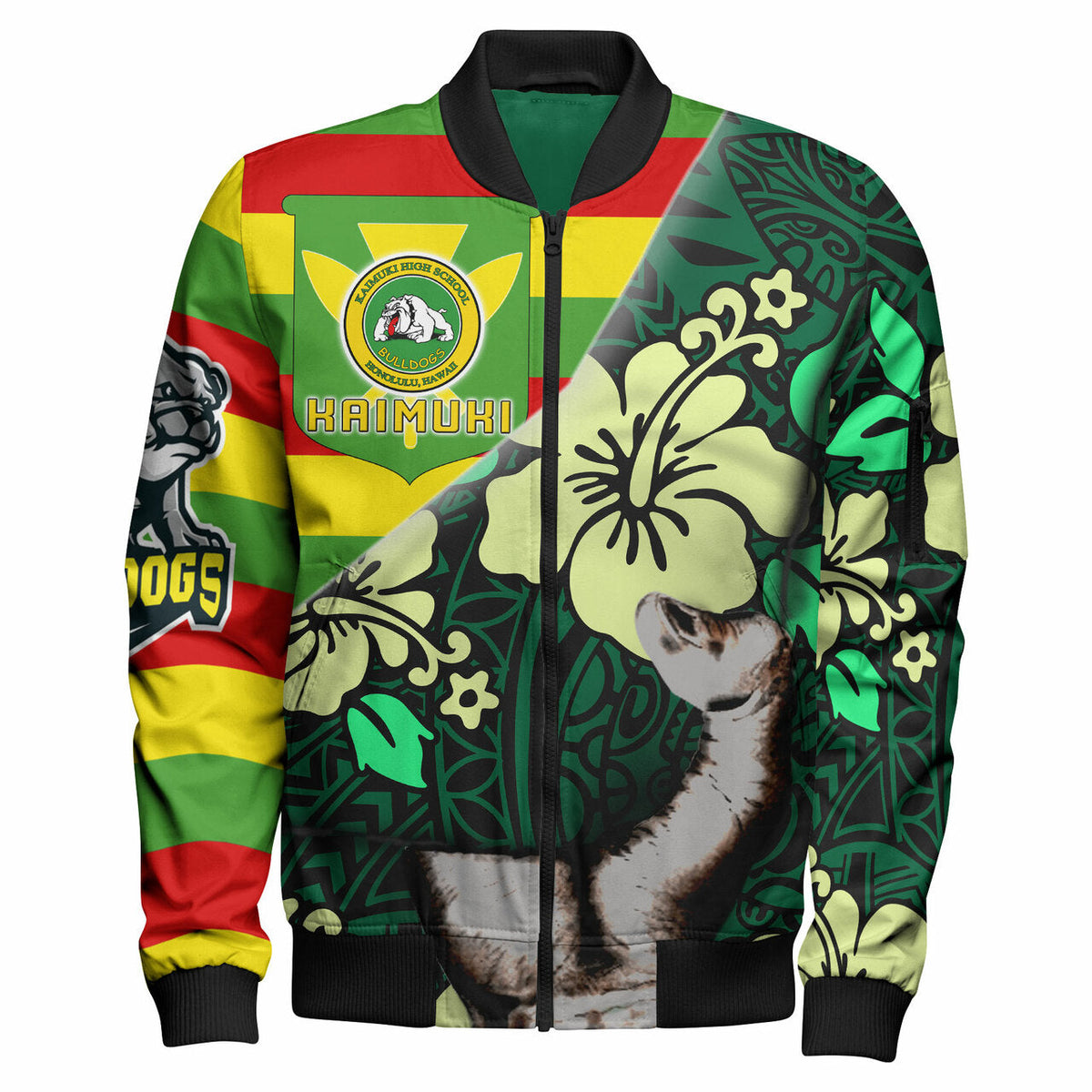 Green full-zip bomber jacket with Kaimuki patch and large hibiscus graphic