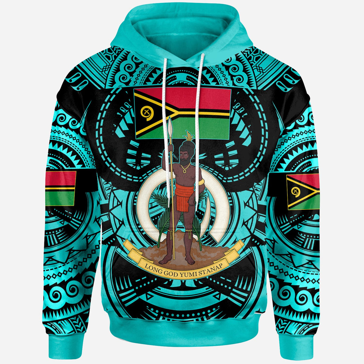 Turquoise pullover hoodie with large Polynesian graphic front and hood drawstrings