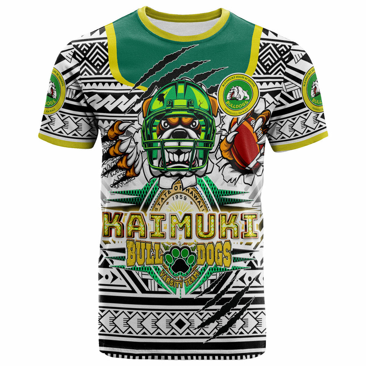 White T-shirt with green collar trim and Kaimuki Bull Dogs tribal mascot graphic