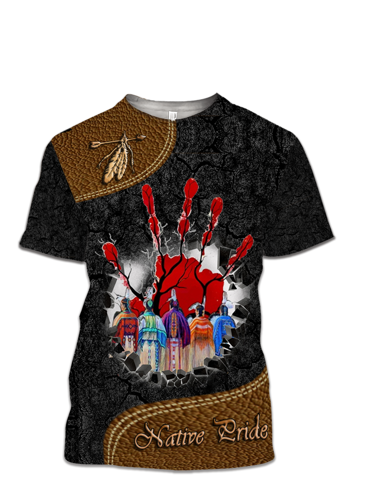 Girls black 3D Native Pride T-shirt with red hand graphic and colorful figures, front