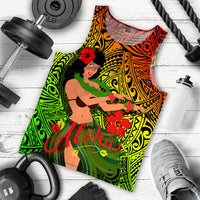 Men's sleeveless tank top with hula dancer print, 'Aloha' lettering, red flowers on green