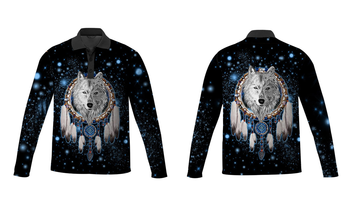 Long-sleeve black polo with starry galaxy print and 3D wolf dreamcatcher graphic