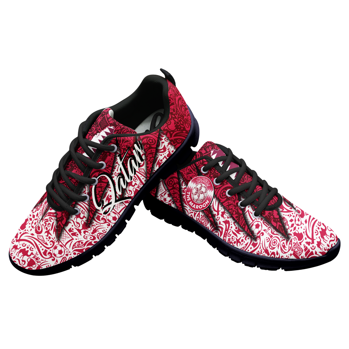 Low-top lace-up sneakers, red and white pattern with black sole and black laces