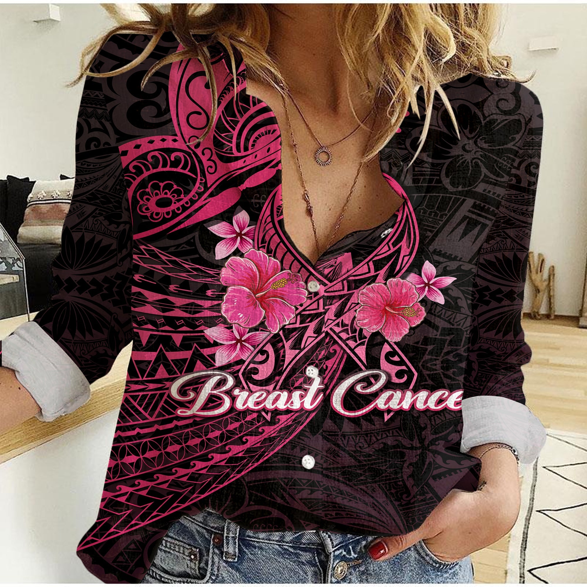 breast-cancer-pink-ribbon-butterfly-polynesian-black-version-women-casual-shirt