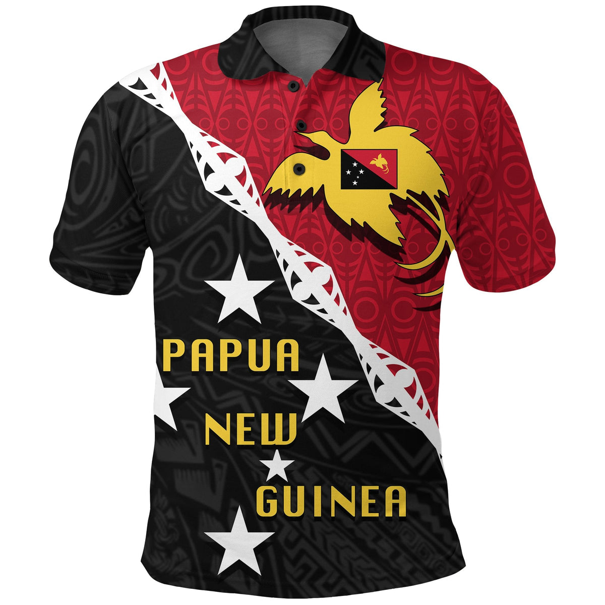 Polo-Shirt mit Papua-Neuguinea-Motiv: Vogel, Flagge, Sterne und diagonaler Borte