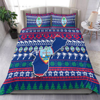 Blue Guam Christmas bedding set with central map, palms, and holiday stripe pattern