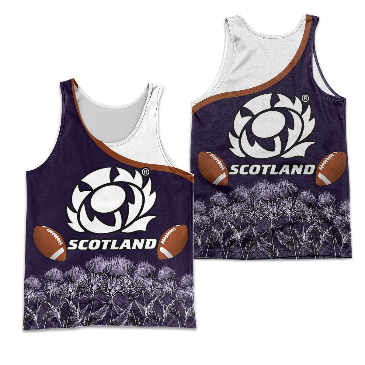 Dark purple men’s tank top with big Scotland logo, rugby balls, and thistle graphic