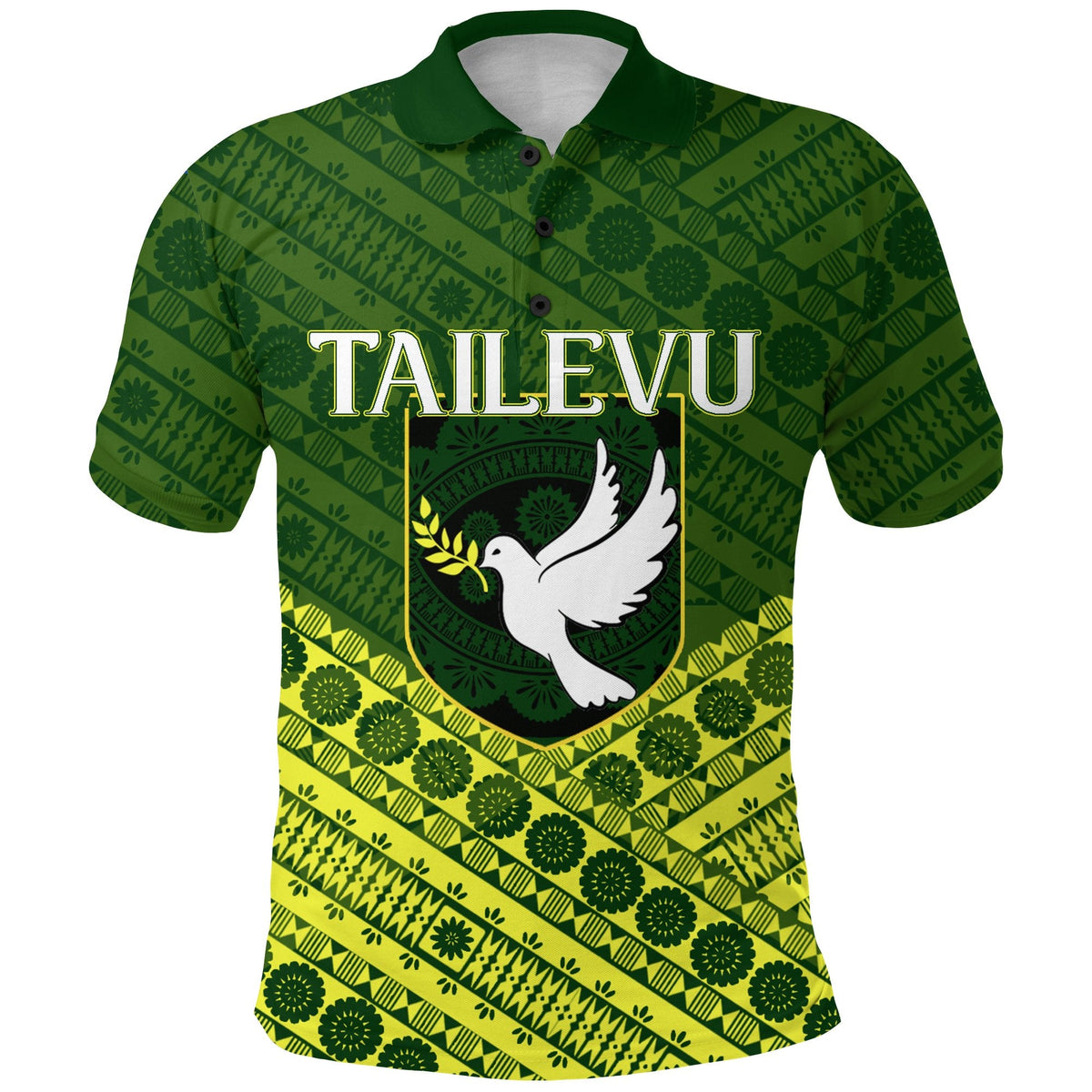 Tailevu rugby polo shirt, green tapa pattern with dove logo on front