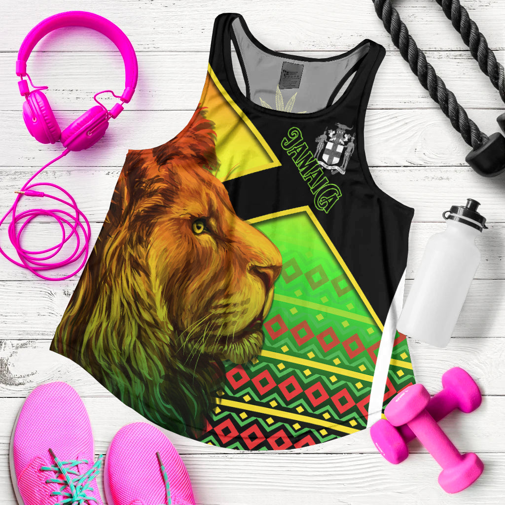 Racerback tank top in black with Jamaica lion graphic and green-yellow-red pattern