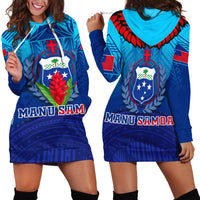 Blue hoodie dress with hood, kangaroo pocket, and large crest graphic on chest