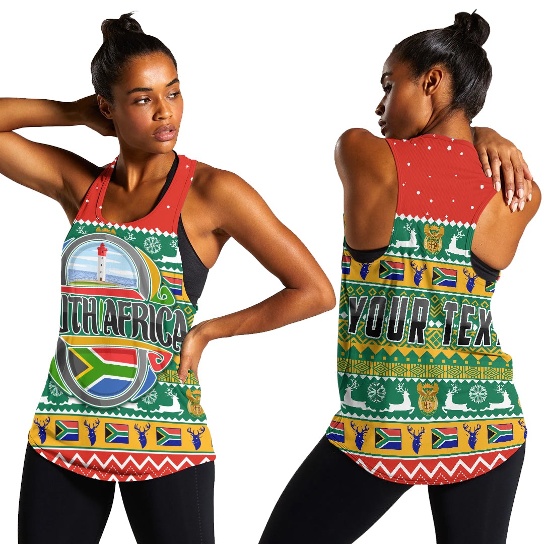 Red women’s racerback tank with green festive South Africa graphic on the front