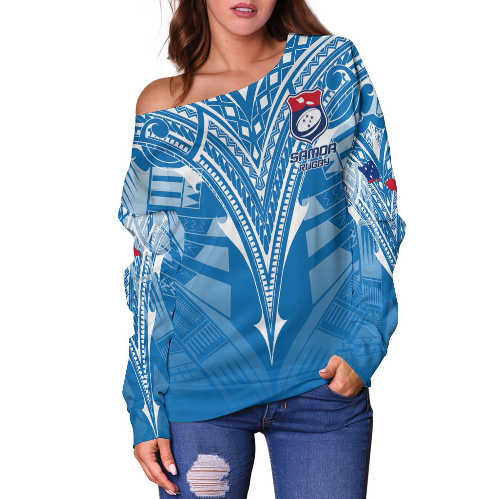 Blue off-shoulder rugby sweater with Samoa graphic V design and long sleeves.