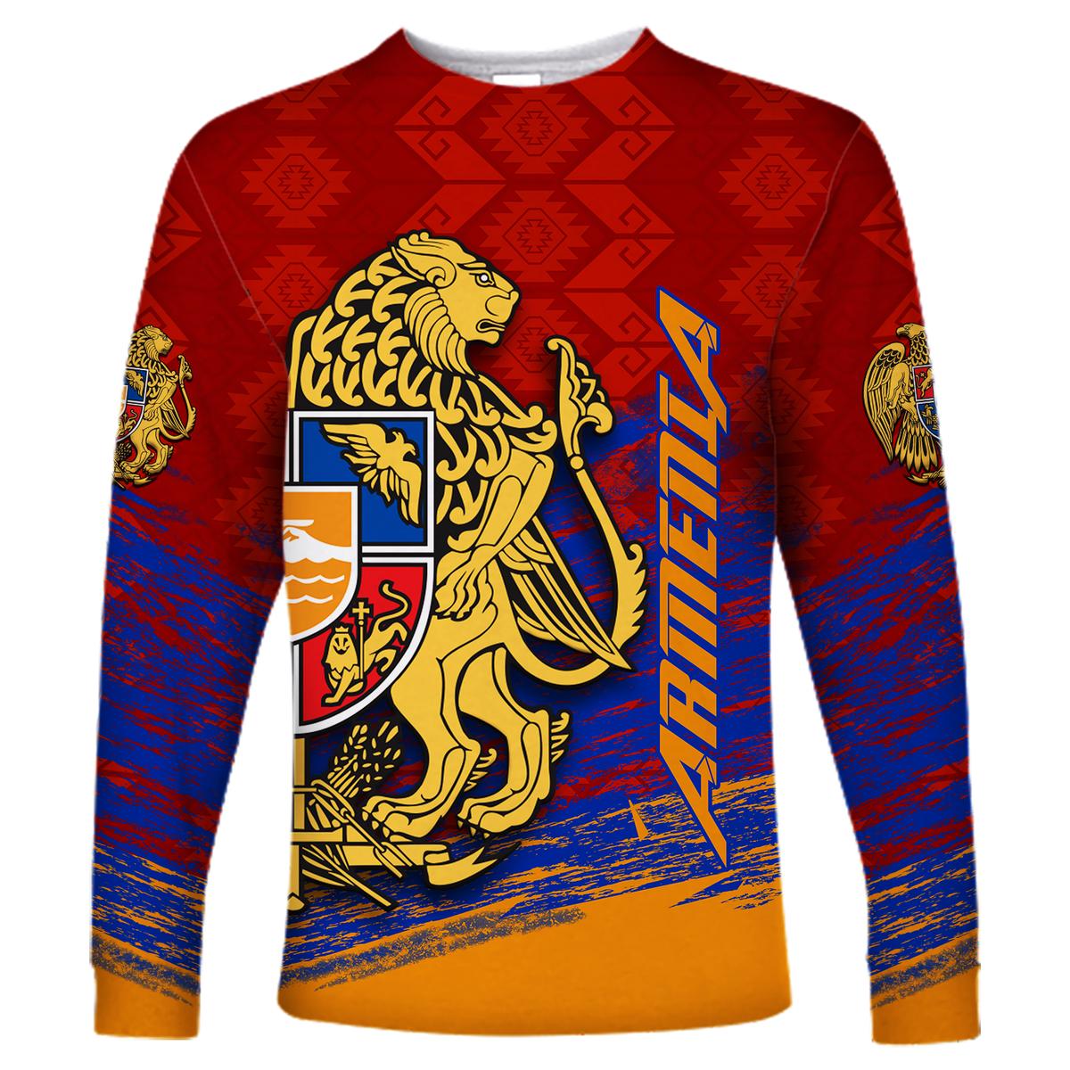 Red long-sleeve shirt with gold lion emblem and Armenia coat-of-arms graphic