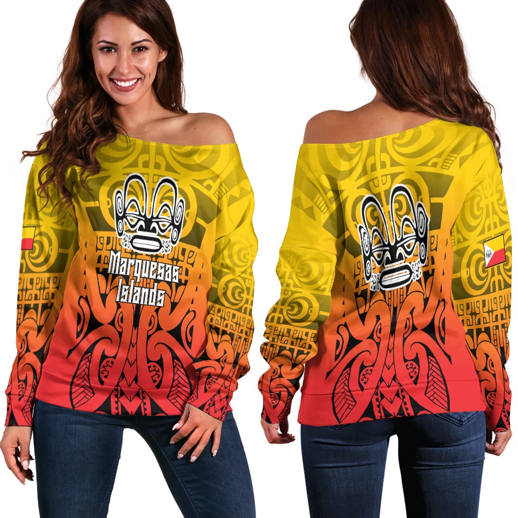 Women off-shoulder sweater with Marquesas tattoo graphic, yellow-red multicolor print
