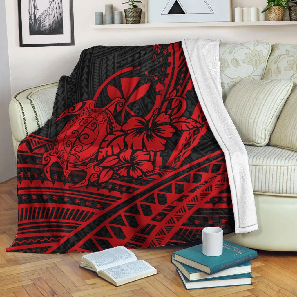 Red and black tribal turtle and hibiscus blanket with geometric pattern