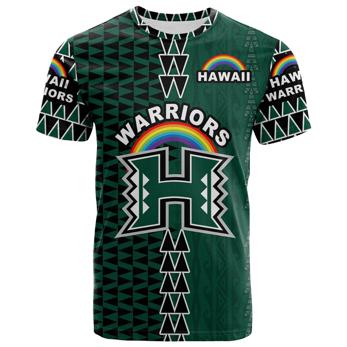 Hawaii Warriors green T‑shirt with front rainbow arch and H logo