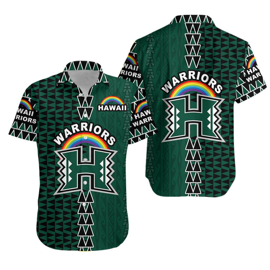 Hawaii Warriors Hawaiian shirt in dark green with large H logo and rainbow accents