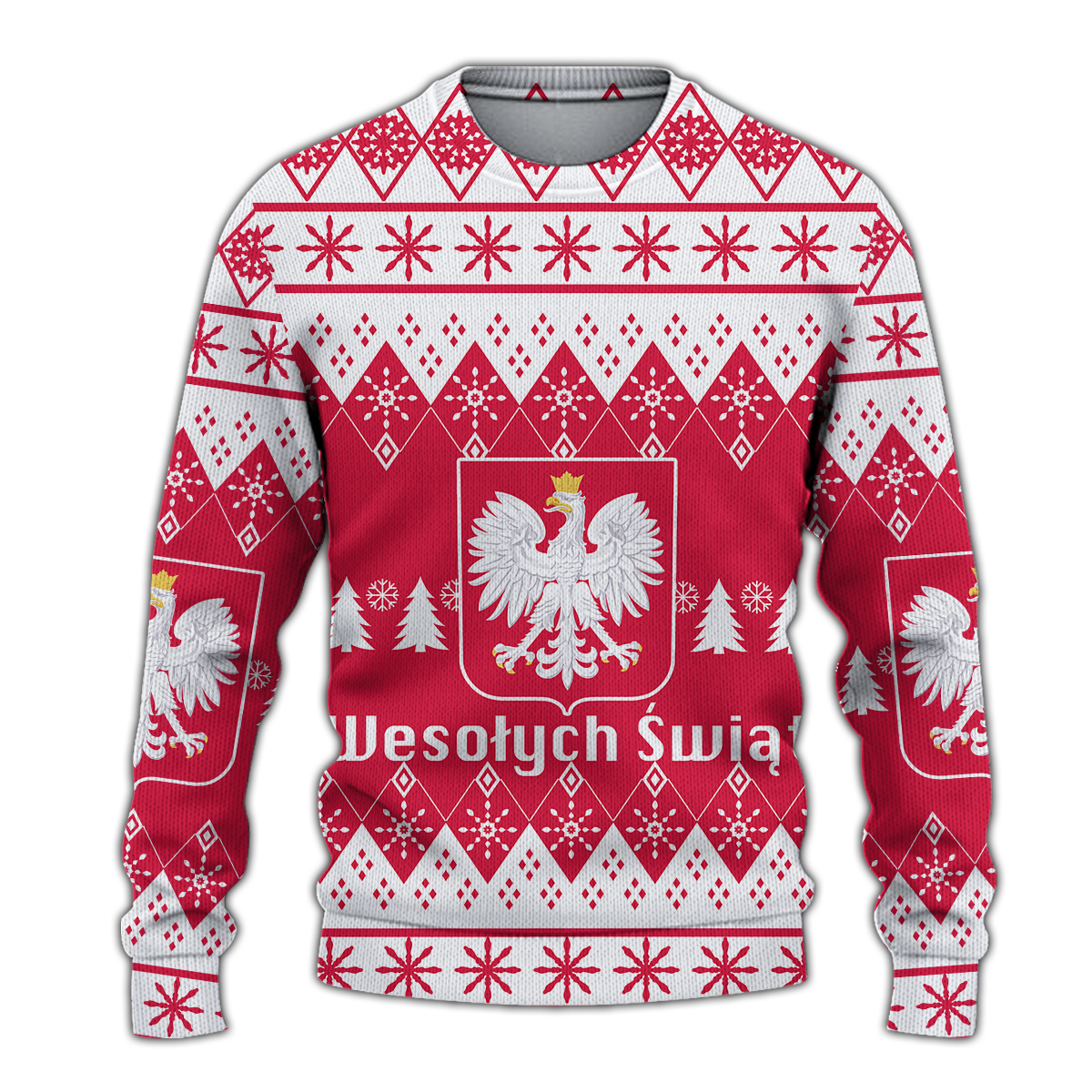 Ugly Christmas sweatshirt, red and white fair isle knit with eagle crest front