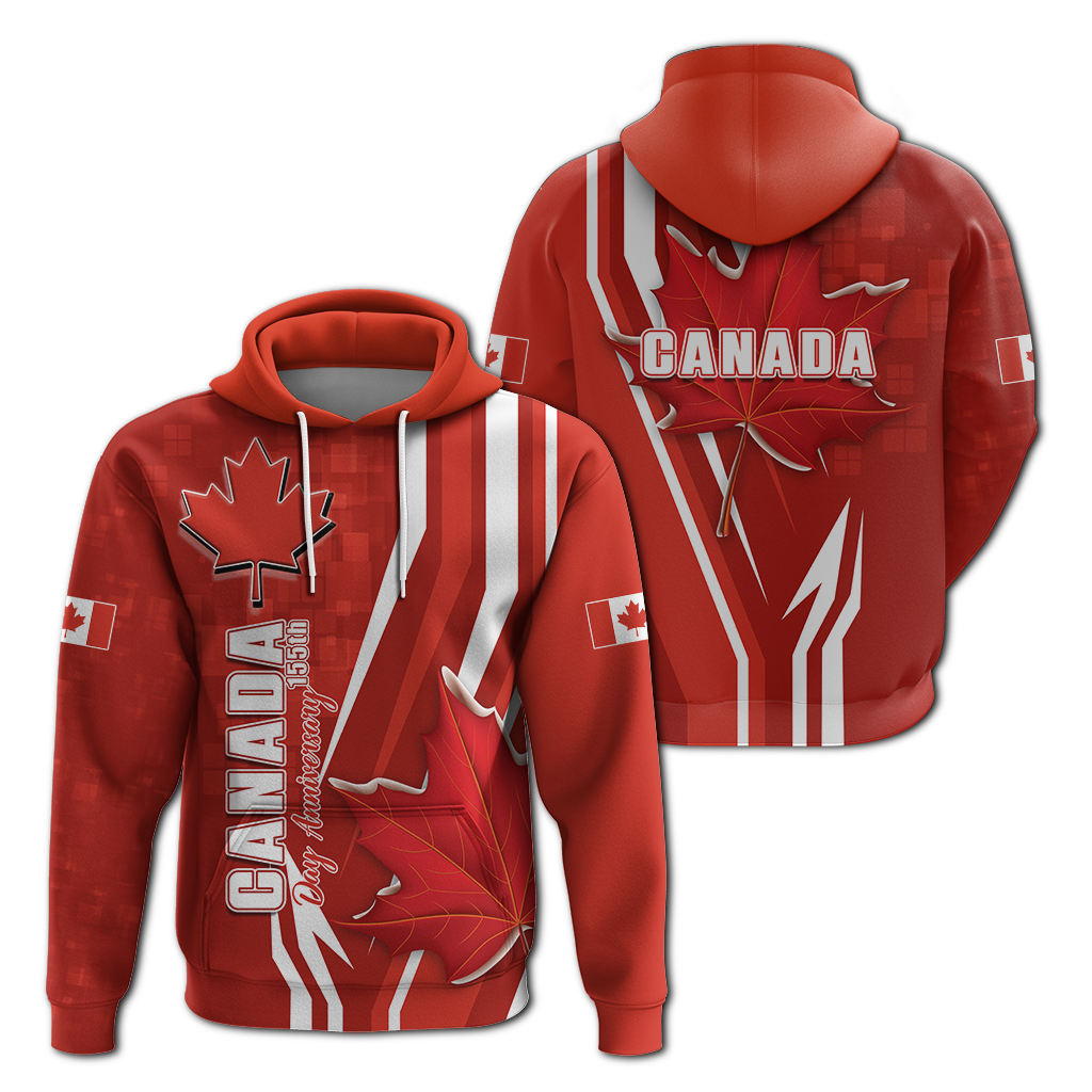 Red pullover hoodie with maple leaf, striped graphics, and “CANADA” print on front