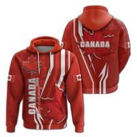 Red pullover hoodie with maple leaf, striped graphics, and “CANADA” print on front