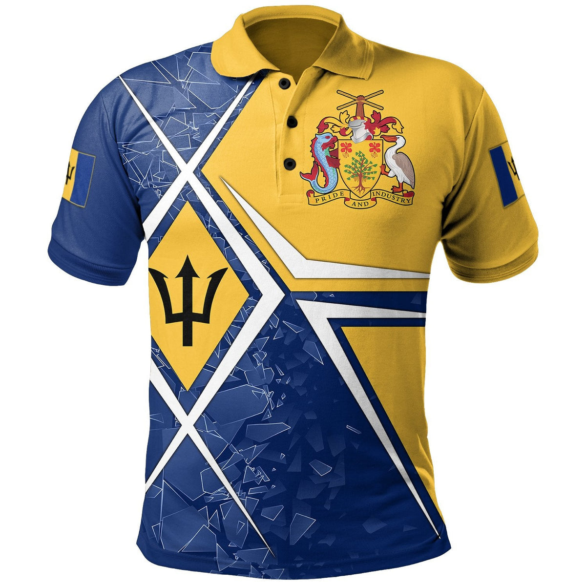 Yellow and navy Barbados polo shirt with crest on chest and buttoned collar