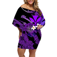Women’s off-shoulder short dress in black with purple turtle and plumeria print