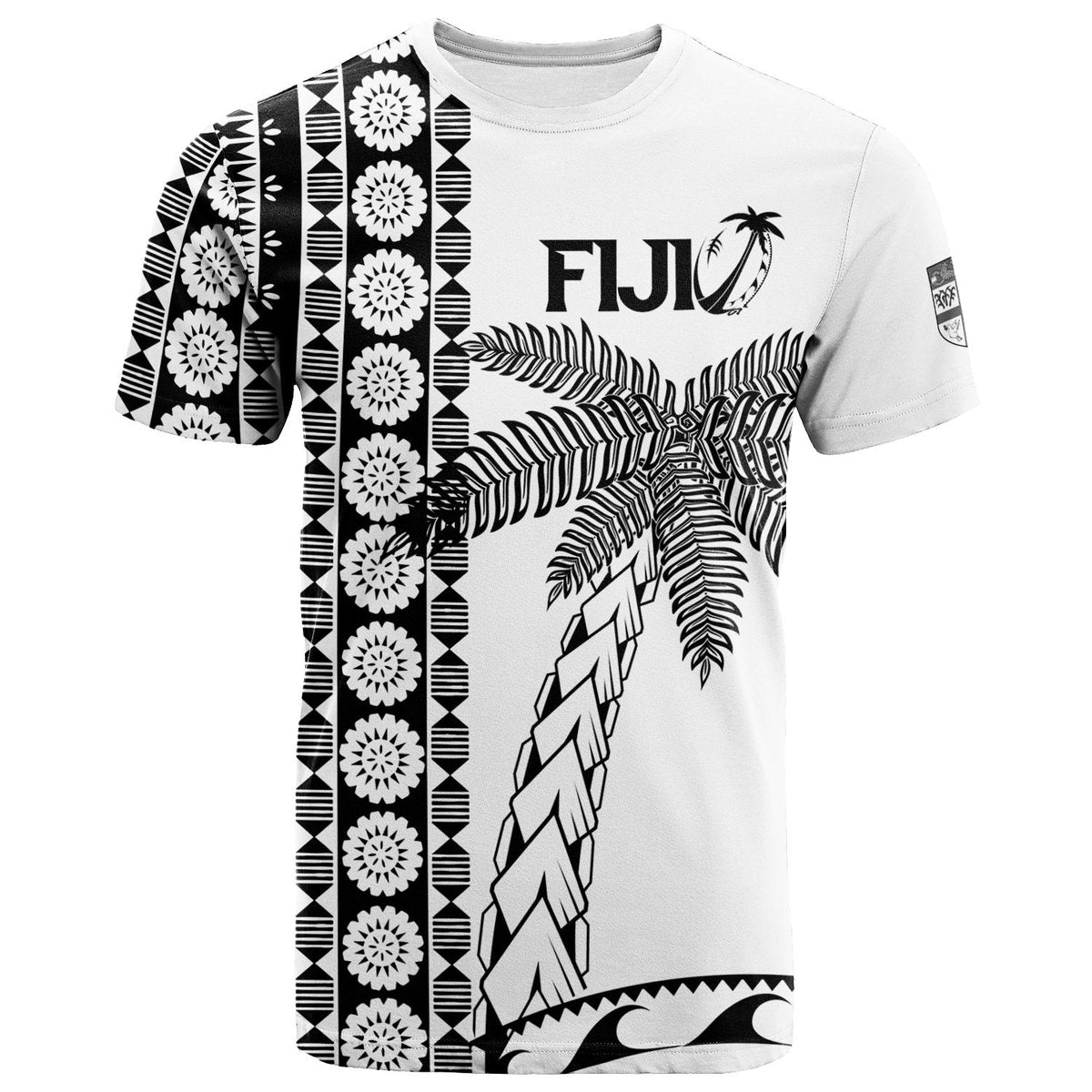 Custom Fiji rugby T-shirt in white with coconut tree and tapa-style pattern graphic