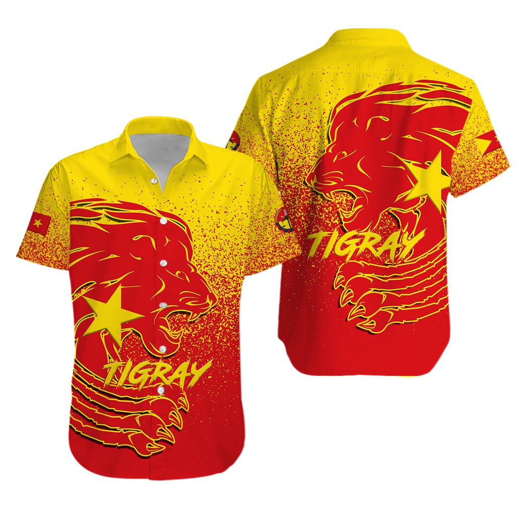 Red Tigray lion graphic Hawaiian shirt with short sleeves, button-front, yellow accents