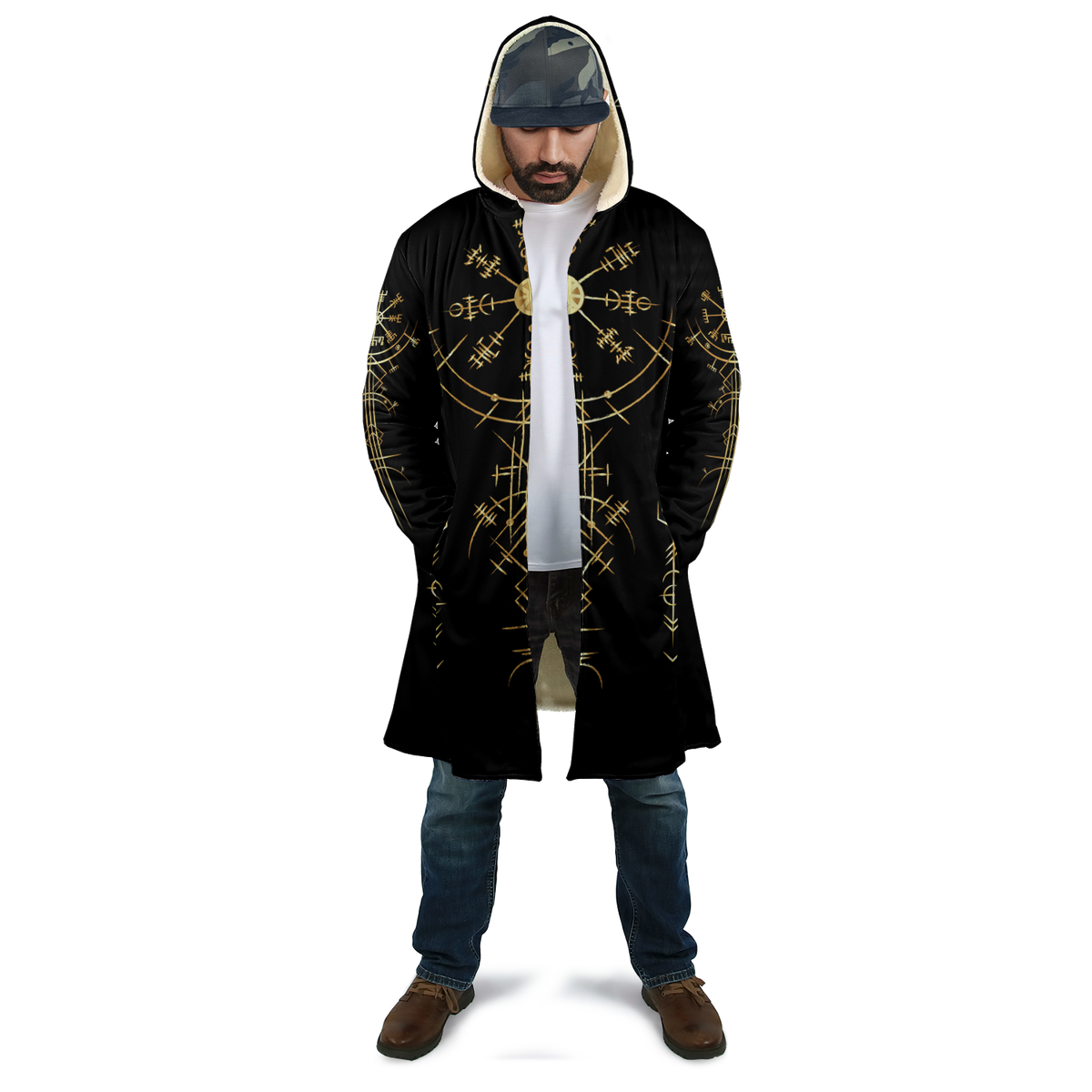 Black unisex hooded Viking cloak with gold rune and compass pattern, long length