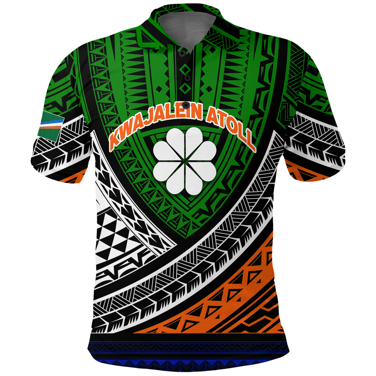 Tribal pattern polo shirt in green with geometric print, short sleeves, button placket, collar