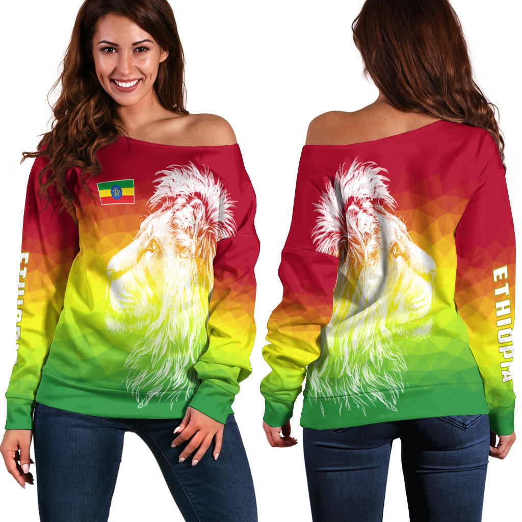 Women’s off-shoulder sweater with Ethiopian flag lion graphic, red/yellow/green