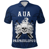 Blue polo shirt with AUA graphic, skulls and flames, buttoned collar, short sleeves