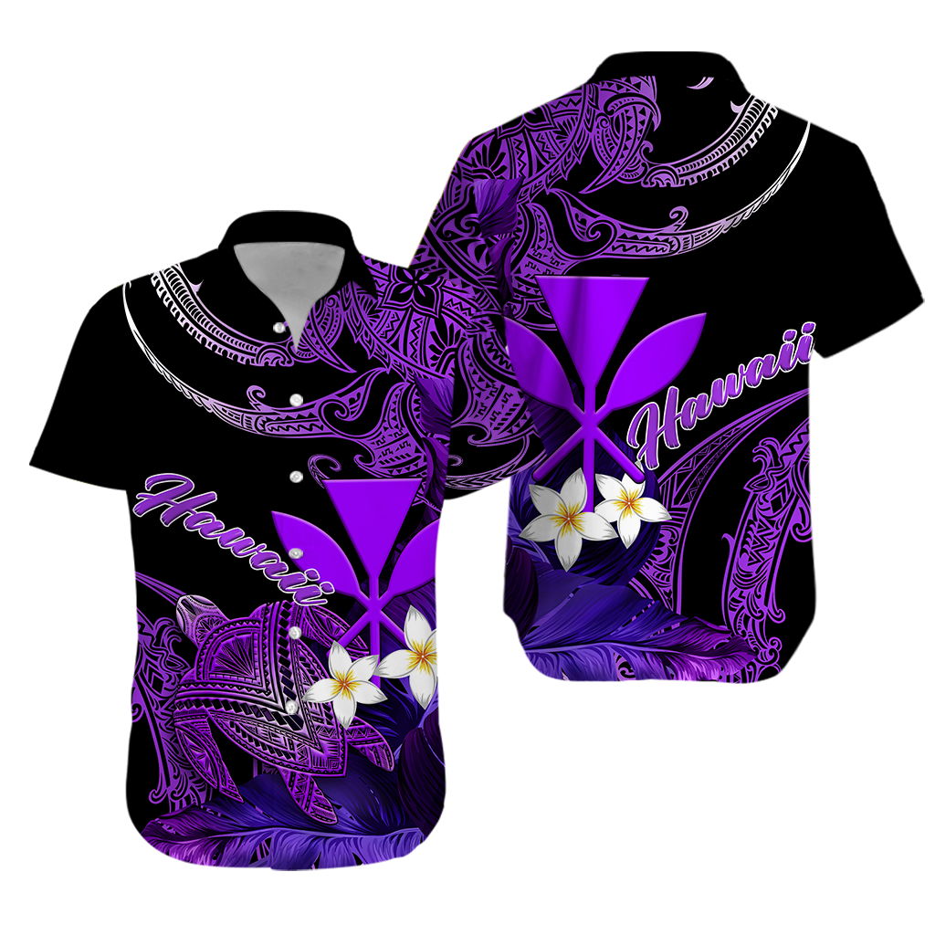 Purple and black Hawaiian shirt with turtle and plumeria leaf print