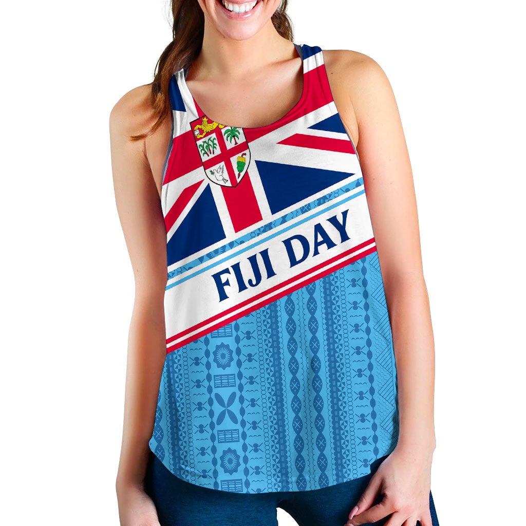 Fiji Day tank top for women in blue, scoop neck, sleeveless flag graphic front