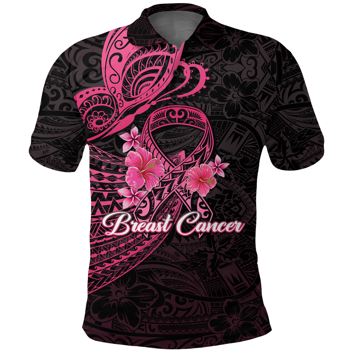 Black polo shirt with pink Polynesian butterfly, floral print, and 'Breast Cancer' text