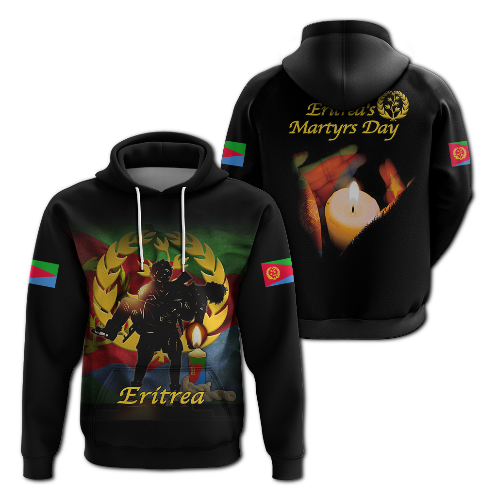 Black pullover hoodie with Eritrea graphic and candle emblem; white drawstrings