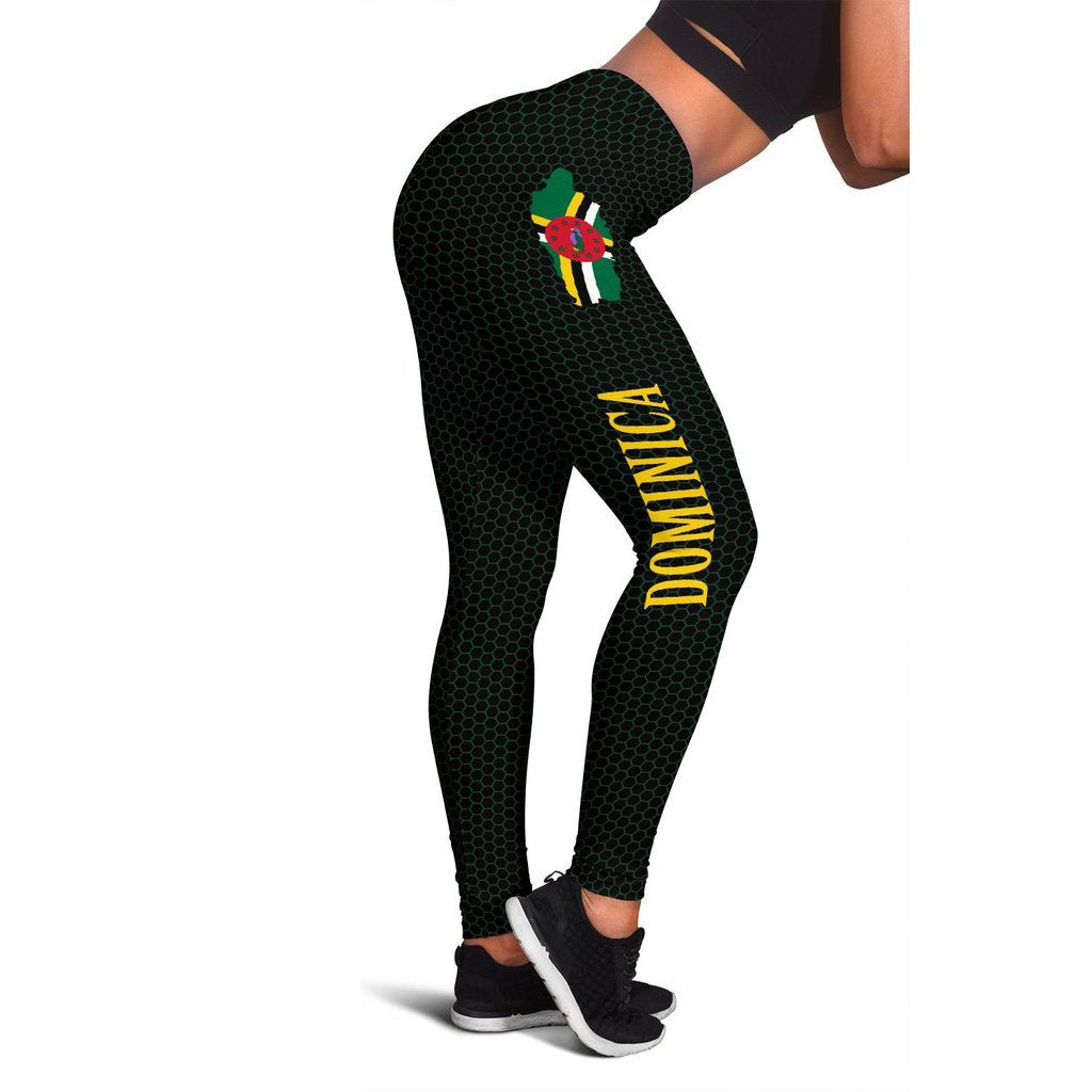 Dominica leggings in dark hex pattern with colorful map icon and 'DOMINICA' text