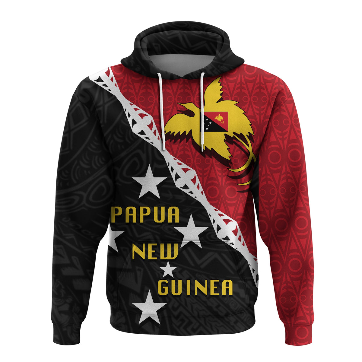Custom hoodie with Papua New Guinea-inspired graphic, stars, and diagonal stripe; front view