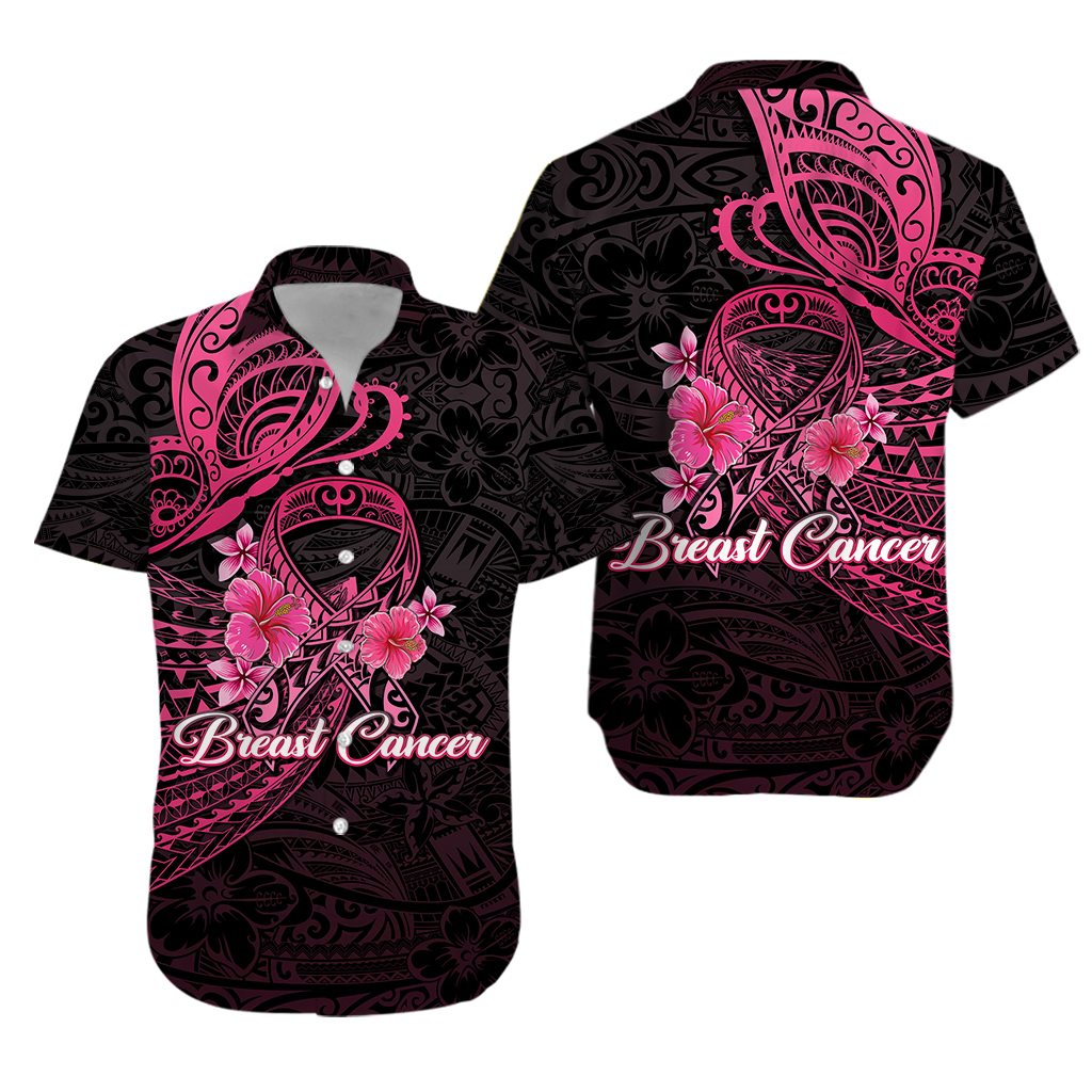 Black Hawaiian shirt with pink butterfly, floral graphics, and Breast Cancer ribbon text