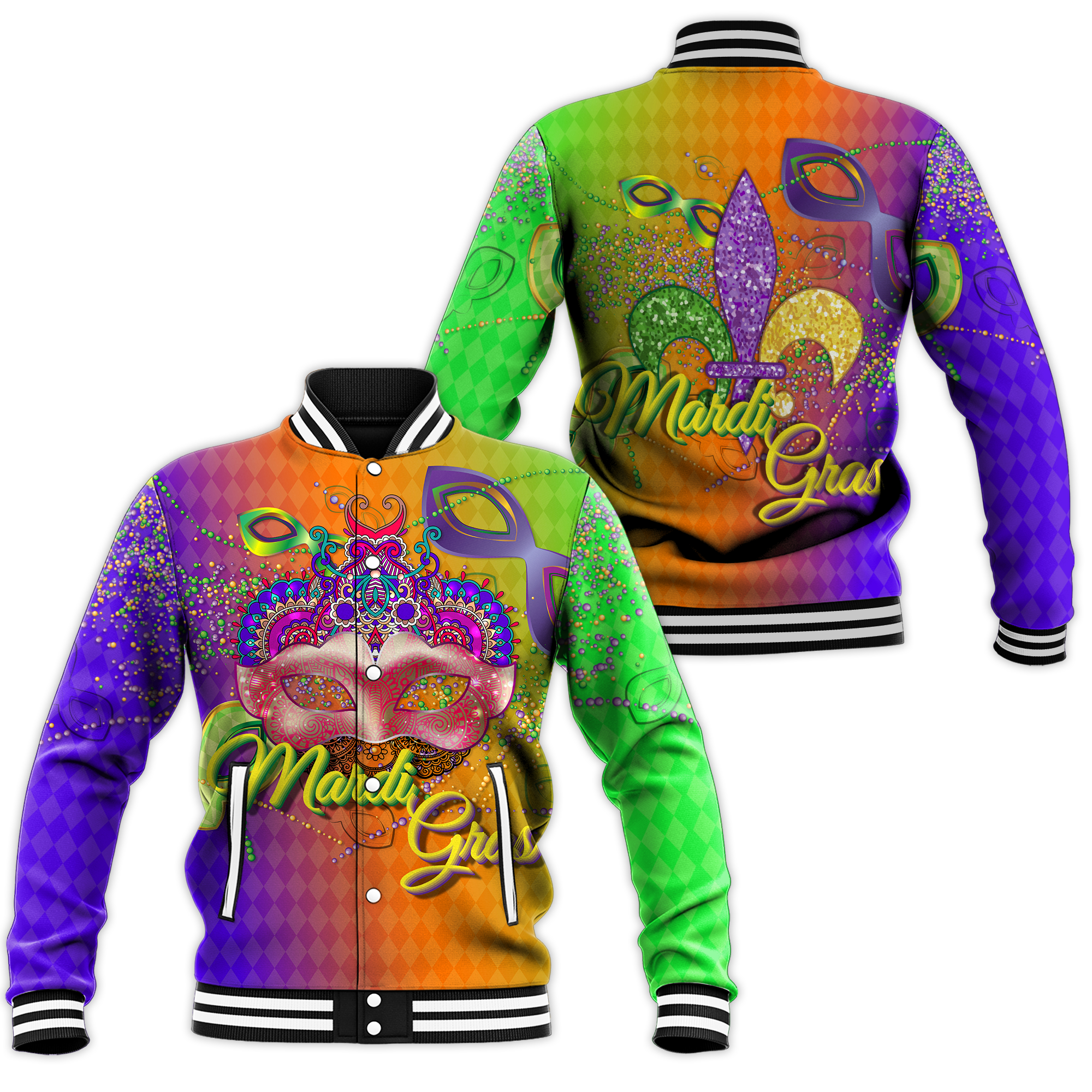 Mardi Gras Mask With Beads Baseball Jacket - LT12 - Wonder Print Shop