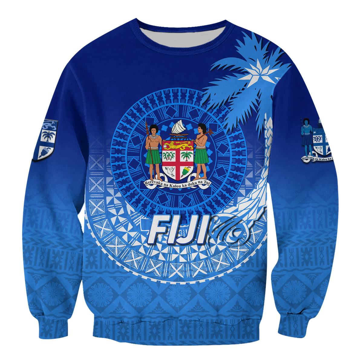 Blue unisex crewneck sweatshirt with large FIJI emblem and palm tree tribal graphic