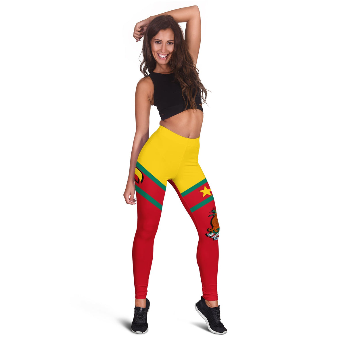 Red leggings with Grenada flag-style panel and green stripe graphic, full length