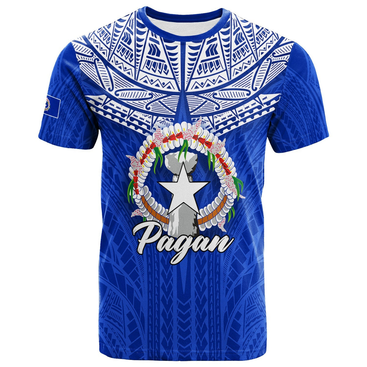 Blue graphic T-shirt with tribal pattern, wreath star and Pagan text
