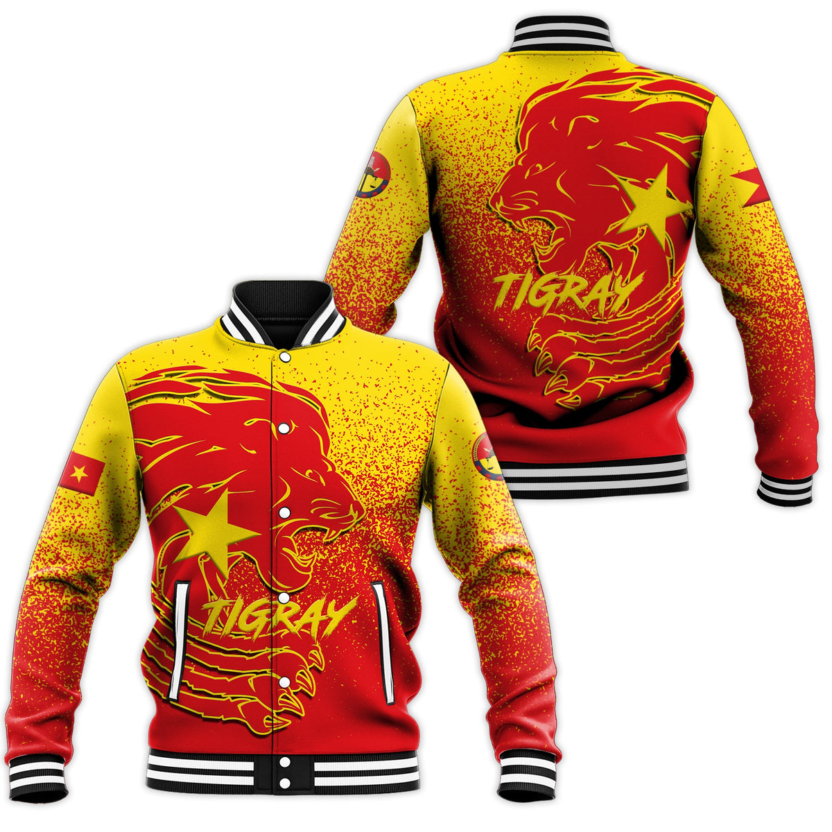 Unisex baseball jacket with red-yellow speckled lion graphic, snap front and striped rib trim