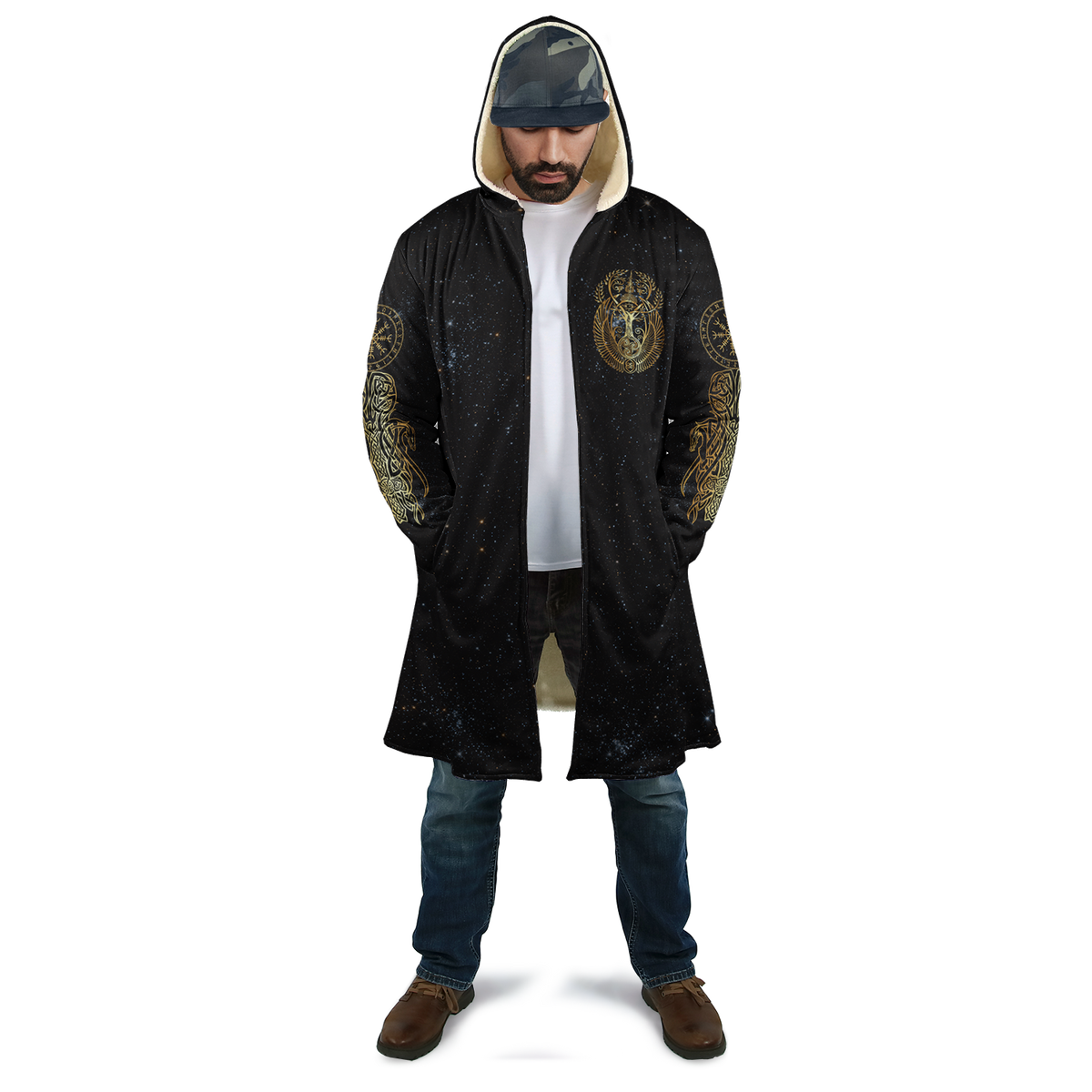 Black unisex hooded cloak with gold Tree of Life emblem on chest, long sleeves