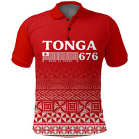 Red polo shirt with Tonga 676 front print and Tongan pattern panels